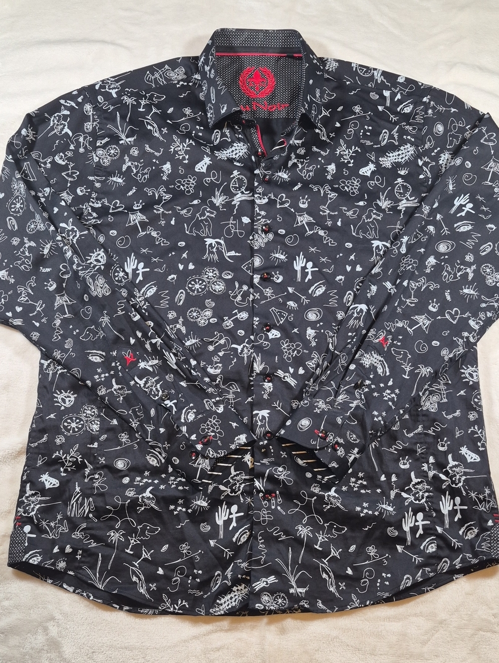Men's Black Graphic Casual Button-Down Shirt with White Doodle Print